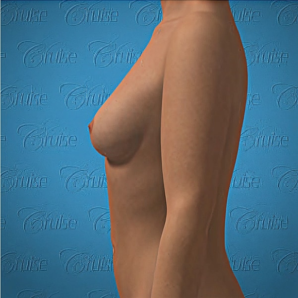 Side profile of a nude figure against blue background.