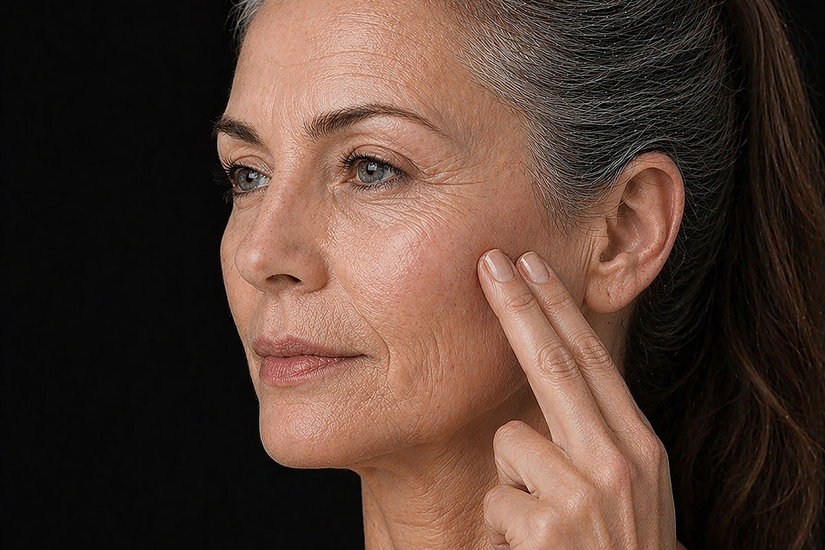 Woman gently touching her cheek, profile view.