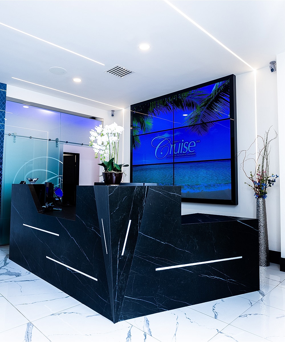 Modern reception desk in a stylish office.